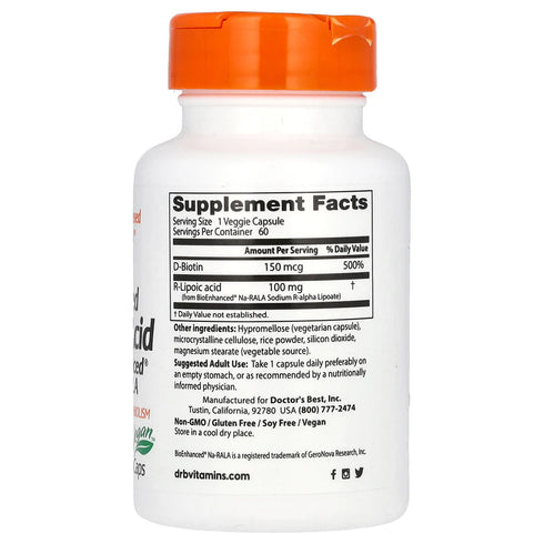 Image of R-Lipoic Acid featuring BioEnhanced Na-RALA (100mg) 60caps supplement facts